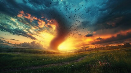Fototapeta premium Dramatic Twister Formation at Sunset Over Vibrant Green Field with Rolling Clouds and Colorful Sky Filled with Birds in Motion