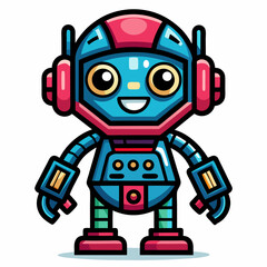 Crazy  cute Robot in tech Gamer design and bold line black , white background ,full  color