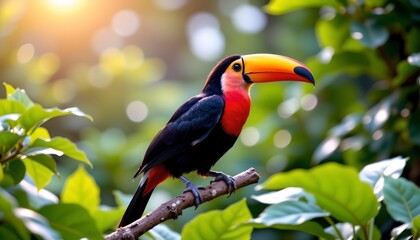 Obraz premium a colorful toucan perched on a branch in a lush green environment, with sunlight creating a soft glow around it