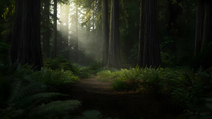 Obraz premium Sunlight Path Through Misty Forest