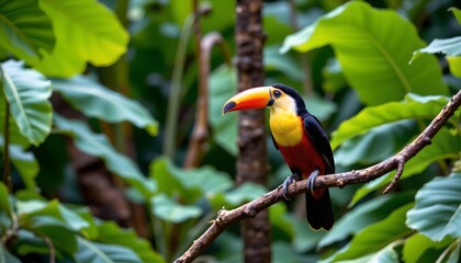Fototapeta premium a colorful toucan perched on a branch amidst lush greenery
