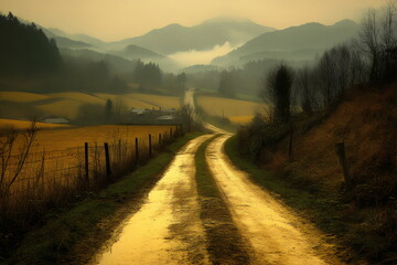 Golden light bathes a winding path through serene hills at dusk in a tranquil rural landscape