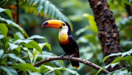 Obraz premium a vibrant tropical bird perched on a branch, its rainbow lorikeet plumage contrasting with the natural greenery around it