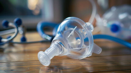 Close-up of nebulizer mask placed on wooden table with medical equipment, healthcare and respiratory treatment concept for asthma or lung disease patients.