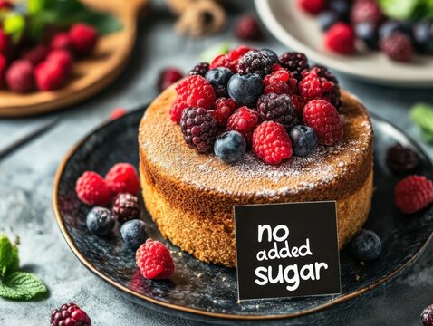 A beautifully presented sugar-free cake on a table, garnished with berries and a "no added sugar" sign, ideal for a health-focused dessert spread