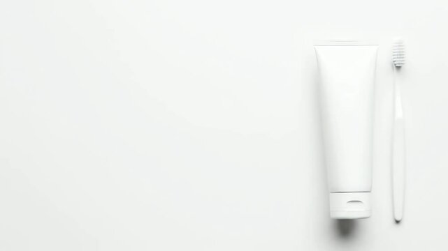 Top-down view of a white, minimalist toothbrush neatly placed beside a matching plain white tube of toothpaste on a clean, solid white background