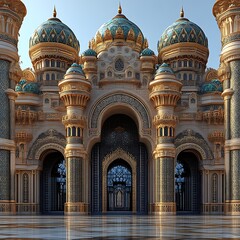 Obraz premium Ornate palace facade, showcasing intricate Islamic architecture. Grand entrance with detailed carvings, domes, and arches