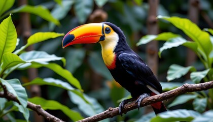 Obraz premium in a lush, tropical setting, a vibrant toucan perches confidently on a tree branch, its bright colors contrasting with the verdant surroundings