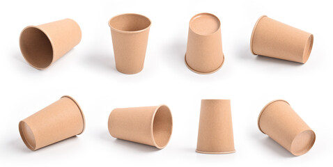 Set of Paper cup isolated on white background. Blank Kraft Cup for Takeaway