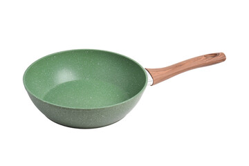 Green frying pan with a non-stick coating isolated on white background