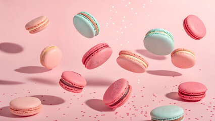 Fototapeta premium Floating Pastel Macarons on Pink Background