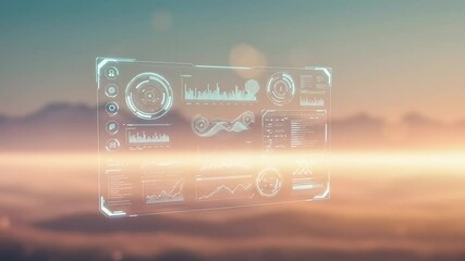 Futuristic transparent interface displaying data analytics over a scenic mountain landscape at sunset - Powered by Adobe