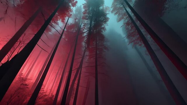 Spooky forest animation endless camera movement through dark foggy forest.