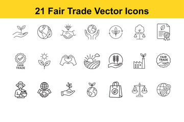 Fair Trade & Sustainability Line Icons – Ethical, Eco-Friendly, Global Responsibility Vector Set