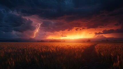 Dramatic Sunset Over Golden Field with Lightning Strikes Under Dark Clouds and Colorful Sky Creating a Stunning Natural Landscape Scene