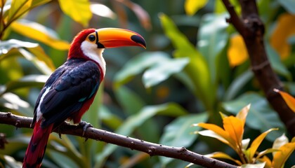 a vibrant parrot with red plumage and a distinctive black beak is perched on a thin branch against a backdrop of lush greenery and yellow leaves from trees
