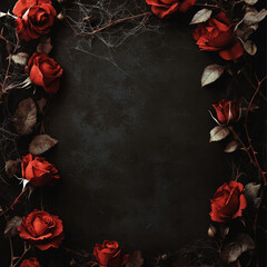 Dark floral arrangement of red roses with thorns and a cobweb effect on a textured black background