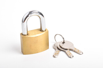 Steel padlock and keys isolated on white background