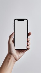 Close-Up of Light-Skinned Hand Holding Modern Smartphone with Blank White Screen