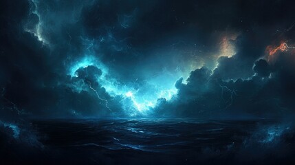 Dramatic Night Sky Over Turbulent Ocean Waves with Electric Lightning Illuminating Dark Clouds and Mystical Atmosphere in Deep Blue Tones
