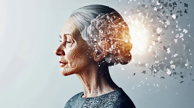 Elderly woman undergoing digital transformation with exploding fragments