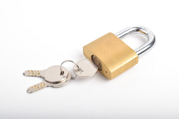 Steel padlock and keys isolated on white background
