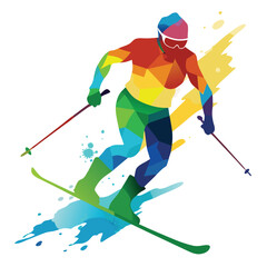 Abstract Skier Illustration with Vibrant Polygonal Design and Dynamic Paint Splashes Background