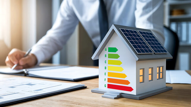 Homme d'affaire faisant un &eacute;tude de rentabilit&eacute; des panneaux solaire photovolta&iuml;que, maquette de maison sur bureau en bois