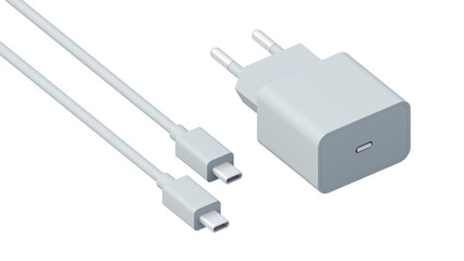 White charger with USB Type-C output socket for batteries charging of portable electronic accessories and appropriate cable, close-up. Charging cable of smartphone with electric plug isolated.