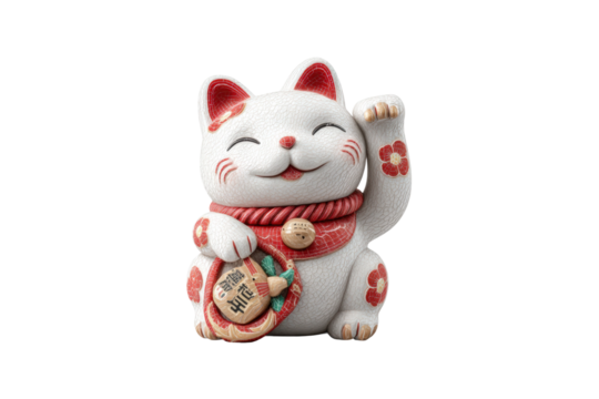 PNG Lucky cat figurine with raised paw and coin for good fortune