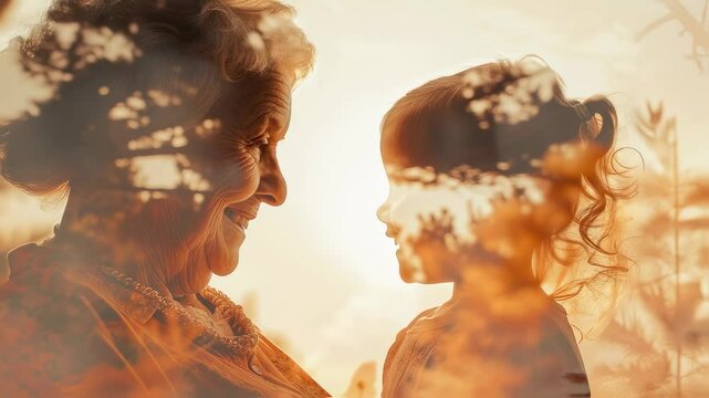 Double exposure of an old woman and a young girl facing each other, blended with trees, showing generation connection footage.