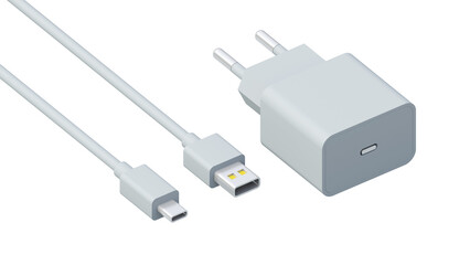 White USB and micro USB cable plug with USB power plug adaptor on isolated background. Charging cable of smartphone with electric plug isolated background. Charger for mobile phone.