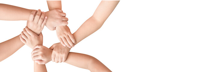 Young children hands holding together in round circle isolated on transparent background for partenership, brainstroming, global community teamwork, collaboration and sustainable development goal
