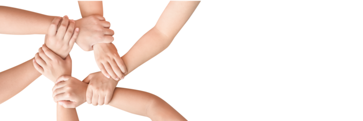 Young children hands holding together in round circle isolated on transparent background for partenership, brainstroming, global community teamwork, collaboration and sustainable development goal