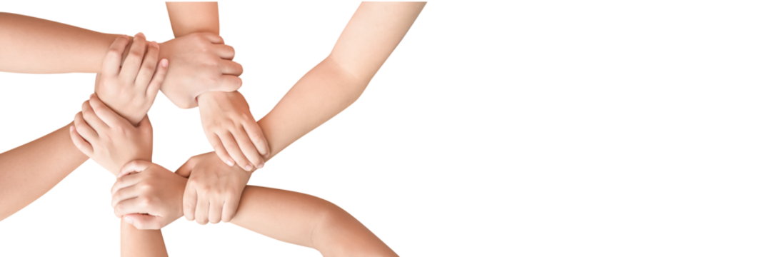 Young children hands holding together in round circle isolated on transparent background for partenership, brainstroming, global community teamwork, collaboration and sustainable development goal - Powered by Adobe
