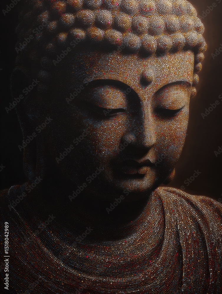 Aufkleber buddha statue made of tiny dots, representing inner peace and spiritual enlightenment for meditation