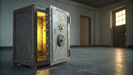 Antique vault door open revealing mysterious interior with gleaming gold light in a grungy environment