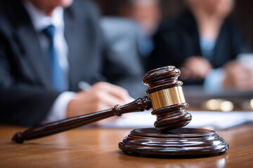 Close-up of judge’s gavel in courtroom setting with blurred background. Suitable for law, justice, legal services, or court-related content.