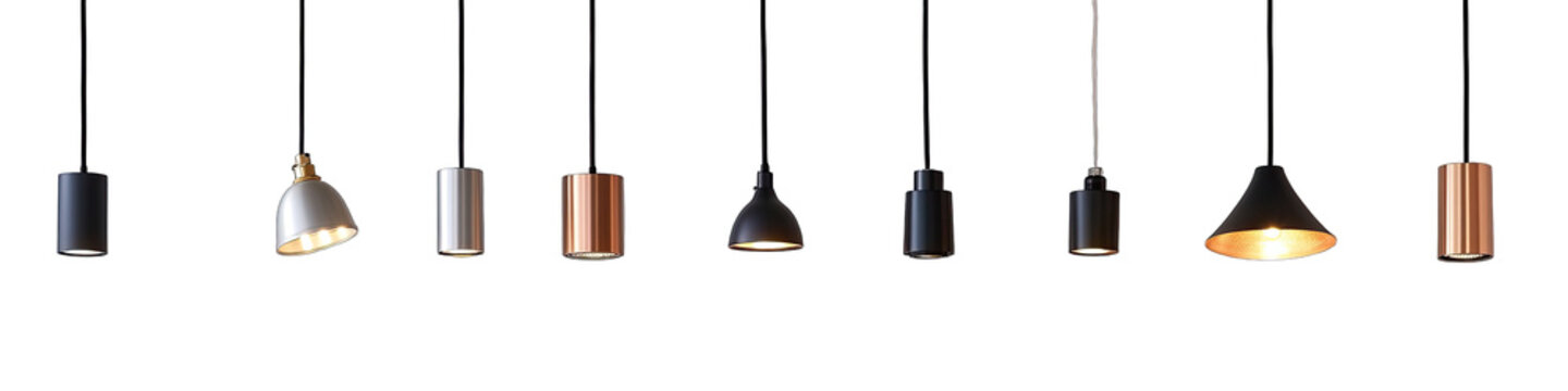Collection of pendant lamps in various shapes and metallic finishes