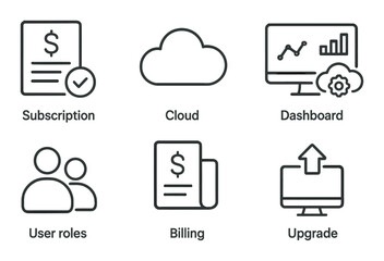 Subscription icon set. saas management linear icons: subscription, cloud, dashboard, billing, upgrade, user roles vector icons