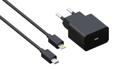 Black USB type C to lightning cable with charge adapter on isolated background. Charging cable of smartphone with electric plug isolated.