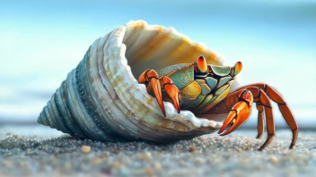 Red and blue crab inside a shell on the beach at the sea shore.