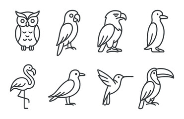 Fototapeta premium Bird icon set. avian silhouette owls, parrots, flamingos, hummingbirds vector icons.
