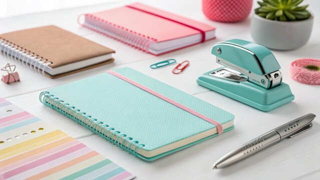 Assortment of stylish notebooks, office stationery, stapler, and pen arranged creatively on a white wooden desk with natural lighting.