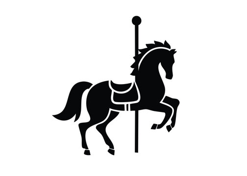 Elegant black silhouette of a carousel horse on a white background featuring decorative design elements