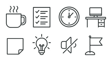 Office tools set. workplace essentials silhouette icons: mug, checklist, clock, computer vector icons.