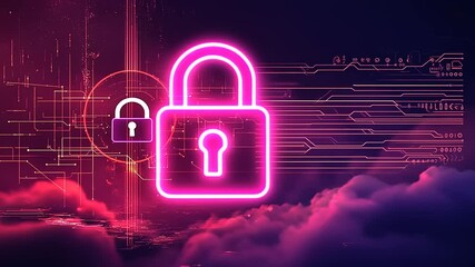 Neon padlock symbolizing digital security amidst abstract cloud and technological background - Powered by Adobe