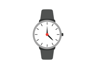 Flat illustration of a modern analog wristwatch with a grey strap and simple clock face design