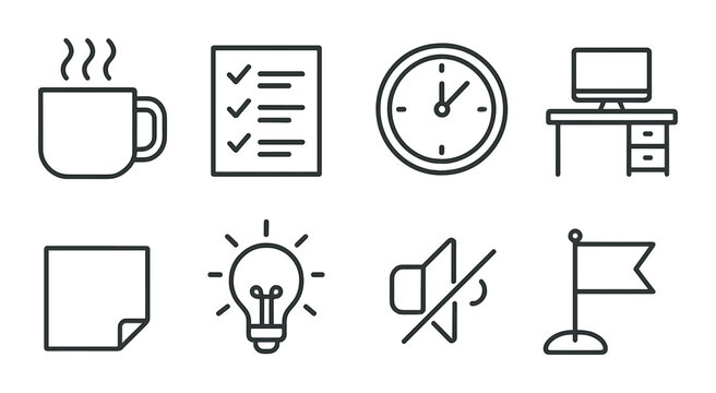 Office tools set. workplace essentials silhouette icons: mug, checklist, clock, computer vector icons.