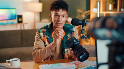 Content creator, camera and man live streaming for review, podcast or social media promotion....